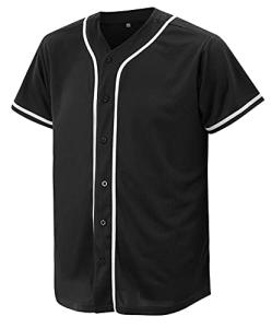 CUTHBERT Solid Baseball Jersey Shirt for Men and Women, Plain Short Sleeves Button Down T-Shirt(Black L)
