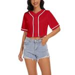 Women's Crop Top Baseball Jersey Button Down V-Neck Short Sleeve T-Shirt Girls Cute Summer Tops Softball Shirt (Red,M,Medium)