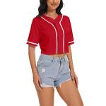 Women's Crop Top Baseball Jersey Button Down V-Neck Short Sleeve T-Shirt Girls Cute Summer Tops Softball Shirt (Red,M,Medium)