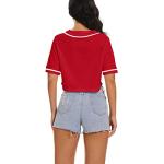 Women's Crop Top Baseball Jersey Button Down V-Neck Short Sleeve T-Shirt Girls Cute Summer Tops Softball Shirt (Red,M,Medium)