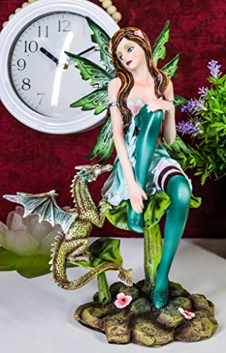Gaia Pixie Fairy with Green Wyrmling Dragon Statue