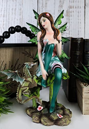 Gaia Pixie Fairy with Green Wyrmling Dragon Statue