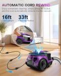 Zefiro Canister Vacuum Cleaner, Bagless Canister Vacuum for Home, Powerful Suction, Auto Cord Rewind, HEPA Filter, Corded Vacuum for Hard Floors, Carpet, Apartment/Rental Friendly(Purple&Gray)