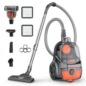 Aspiron Canister Vacuum, Upgraded 1600W Bagless Canister Vacuum Cleaner, Auto Cord Rewind, H13 HEPA Filter, 4Qt Large Capacity, 5 Tools for Hard Floors, Carpet, Pet, Upholstery, Tiles, Tangerine