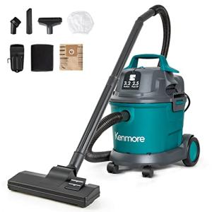 Kenmore KW3030 Wet Dry Canister 3.2 Gallon 2.5 Peak HP Vacuum Cleaner with Extension Wands Tool Storage & Wall Bracket for Garage, Car, Home, 3.2 Gallons, Green