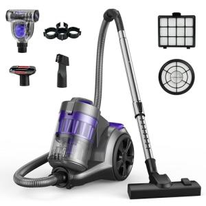 Aspiron 1700W Canister Vacuum Cleaner, 45Kpa Bagless Vacuum Cleaner, Multi-Cyclonic Filtration, 2 Anti-Allergen HEPA Filters, 3.5QT Dust Cup, 4 Tools, Corded Vacuum for Hard Floor, Pet Hair, Wisteria