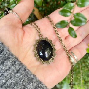 Black Glass Scrying Mirror Pendant Necklace