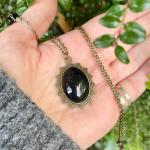 Black Glass Scrying Mirror Pendant Necklace