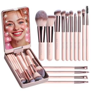 14-Piece Travel Makeup Brush Set with LED Mirror