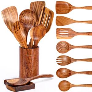 Teak Wooden Kitchen Utensil Set with Spoon Rest
