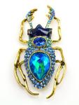 Blue Glass Beetle Brooch with Rhinestones