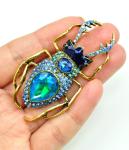 Blue Glass Beetle Brooch with Rhinestones
