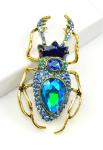 Blue Glass Beetle Brooch with Rhinestones