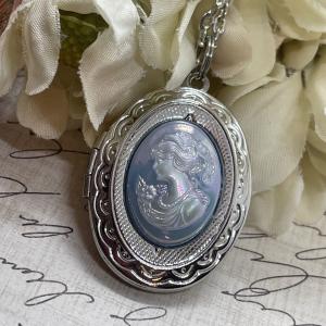 Silver Victorian Locket Necklace with Blue Pearl