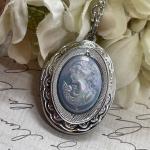 Silver Victorian Locket Necklace with Blue Pearl