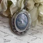 Silver Victorian Locket Necklace with Blue Pearl