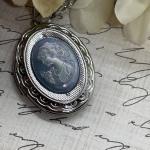 Silver Victorian Locket Necklace with Blue Pearl