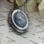 Silver Victorian Locket Necklace with Blue Pearl