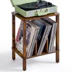 LELELINKY 2-Tier Record Player Stand with Vinyl Record Storage up to 100 Albums, Bedroom Record Holder and Multi-Functional End Table for Living Room, Brown