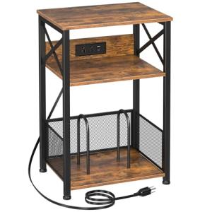AMHANCIBLE Record Player Stand with Charging Station, Turntable Stand with Storage Cabinet, 3 Tier End Table Hold Up to 100 Albums, Record Table for Vinyl, Living Room, Rustic Brown, HETCD01BR-1