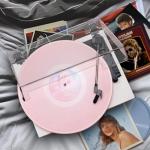 Vinyl Record Player with Built-in Speakers 3-Speed Vintage Record Player Support Treble& Bass Control, 3.5mm Headphone Jack, RCA-Out/Aux in, Belt-Driven LP Turntable,White Rose Gold