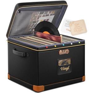 DEEGO Vinyl Record Storage Box with Lock, Fireproof & Water-Resistant Record Album Storage for 150+ 12-Inch LPs, Sturdy Record Case with Side & Bottom Support Panels, Gifts for Record Collectors