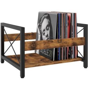 ELITEROO Vinyl Record Holder, Wooden Record Crate Fits 7” -12” Records, Vinyl Shelf Holds up to 50-100 Albums, DVDs, CDs or Files Wood Book Storage Stand Desktop Organizer Box, Rustic Brown