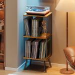 X-cosrack 3-Tier Record Player Stand, Turntable Stand with Storage up to 200 Albums, Corner Vinyl Record Holder with Adjustable Divider, Mid-Century Record Table Vinyl Storage for Bedroom Living Room