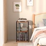 LOAKEKEL Record Player Stand, Vinyl Record Storage Up to 200 Albums, 3 Tier End Table with Removable Dividers, Tall Side Table for Living Room, Bedroom, Rustic Brown, HETCD010BR-1