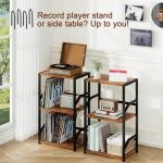 LOAKEKEL Record Player Stand, Vinyl Record Storage Up to 200 Albums, 3 Tier End Table with Removable Dividers, Tall Side Table for Living Room, Bedroom, Rustic Brown, HETCD010BR-1