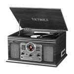 Victrola The Quincy 6-in-1 Bluetooth Record Player & Multimedia Center with Built-in Speakers – 3-Speed Turntable, CD & Cassette Player, FM Radio, Wireless Music Streaming (Grey Wood)
