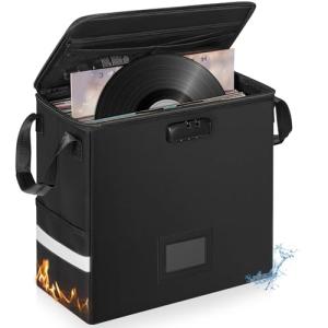 IBVIVIC Fireproof Vinyl Record Storage Box, Record Storage Organizer with Lock Fireproof Record Case for 50+ 7/10/12 Inch Single Vinyl Records Large Capacity File Storage Organizer, Small