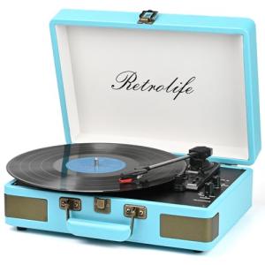 Record Player 3 Speed Bluetooth Portable Suitcase Vinyl Player with Built-in Speakers Turntable Enhanced Audio Sound PU Leather Vintage