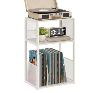 VASAGLE Record Player Stand, 3-Tier Side Table, Vinyl Record Storage up to 100 Albums, End Table for Living Room, Bedroom, Rustic White ULET275W01