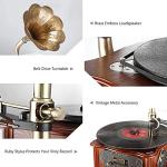 LuguLake Record Player Retro Turntable All in One Vintage Phonograph Nostalgic Gramophone for LP with Copper Horn, Built-in Speaker 3.5mm Aux-in/USB