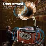 LuguLake Record Player Retro Turntable All in One Vintage Phonograph Nostalgic Gramophone for LP with Copper Horn, Built-in Speaker 3.5mm Aux-in/USB