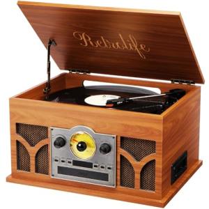 10-in-1 Record Player with Built-in Speakers Wireless Playback, CD & Cassette Player, USB Player, AM/FM Radio, 3 Speeds Turntable Vinyl Record Player Mahogany