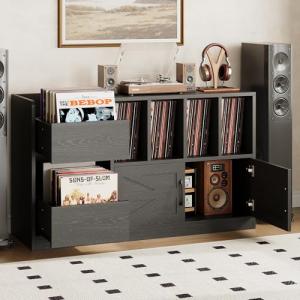 IRONCK Record Player Stand, Vinyl Record Player Table with Storage Cabinet and Drawers, Mid Century Modern Turntable Stand Holds Up to 500+ Albums for Living Room, Music Room, Black