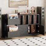 IRONCK Record Player Stand, Vinyl Record Player Table with Storage Cabinet and Drawers, Mid Century Modern Turntable Stand Holds Up to 500+ Albums for Living Room, Music Room, Black