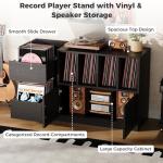 IRONCK Record Player Stand, Vinyl Record Player Table with Storage Cabinet and Drawers, Mid Century Modern Turntable Stand Holds Up to 500+ Albums for Living Room, Music Room, Black