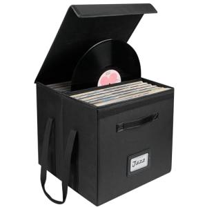 Uniclife Vinyl Record Storage Box, Collapsible LP Storage Organizer with Lid & Handles, Splash-Resistant Album Storage Crate for 80 Single Records (12"), Black Vinyl Record Holder, 13" × 13" × 13"