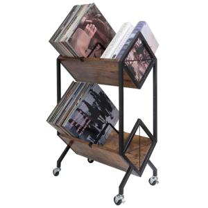 SwaaVee Vinyl Record Storage Holder with Wheels, 2-Tier Record Holder 160-200 LP with Dividers, Retro Style Quick Assembly Vinyl Record Display for Albums, Magazine, Book, Files(2 Tier- Rustic Brown)