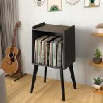 Gannyfer Record Player Stand – Minimalist Vinyl Record Storage Holds Up to 160 Albums, Mid-Century Record Holder Display Shelf with Wood Legs, Turntable Cabinet for Living Room, Bedroom (Black)