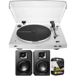 Audio-Technica AT-LP3XBT-WH Fully Automatic Wireless Belt-Drive Turntable White Bundle with Audio-Technica Bookshelf Speakers Black and 2 YR CPS Enhanced Protection Pack