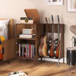 Record Player Stand with Power Outlets & Guitar Stand, Mid Century Modern Record Player Cabinet, Turntable Shelf Vinyl Record Storage for Living Room, Walnut