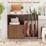 Record Player Stand with Power Outlets & Guitar Stand, Mid Century Modern Record Player Cabinet, Turntable Shelf Vinyl Record Storage for Living Room, Walnut