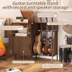 Record Player Stand with Power Outlets & Guitar Stand, Mid Century Modern Record Player Cabinet, Turntable Shelf Vinyl Record Storage for Living Room, Walnut