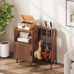 Record Player Stand with Power Outlets & Guitar Stand, Mid Century Modern Record Player Cabinet, Turntable Shelf Vinyl Record Storage for Living Room, Walnut