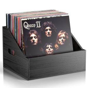 Vecxoty Wood Vinyl Record Storage, Retro & Durable Vinyl Crate and Record Holder, Album Storage Record Case Box for 60+ Records, Perfect Record Organizer for Home Decor and Collection Display(Black)