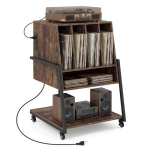 Giantex Record Player Stand on Wheels, 3-Tier Turntable Stand with Charging Station, Compartment & Open Shelf, Holds Up to 150 Vinyl Records, Modern Vinyl Record Storage for Small Spaces, Rustic Brown